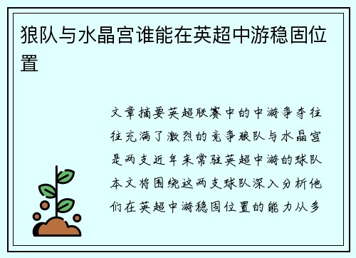 狼队与水晶宫谁能在英超中游稳固位置