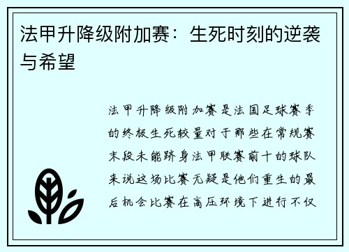 法甲升降级附加赛：生死时刻的逆袭与希望